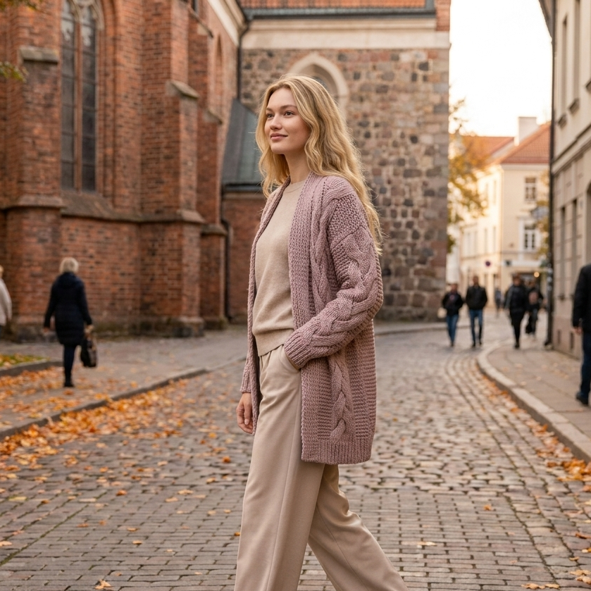 NORA oversized chunky cable knit alpaca cardigan, dusty rose — By AGdesign
