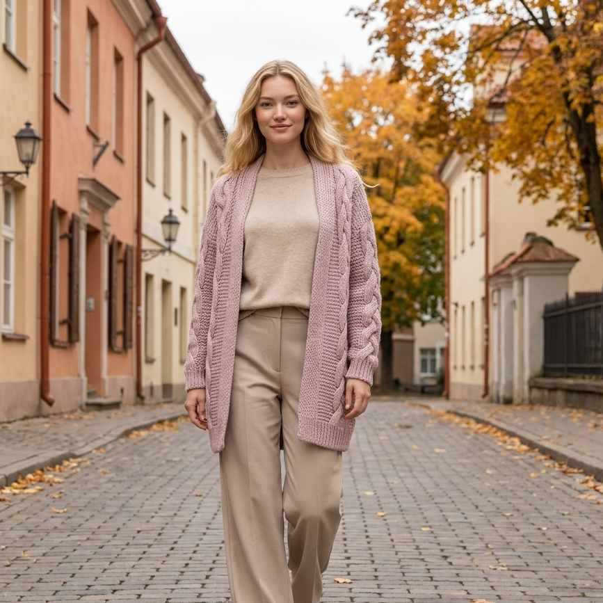 NORA oversized chunky cable knit alpaca cardigan, dusty rose — By AGdesign