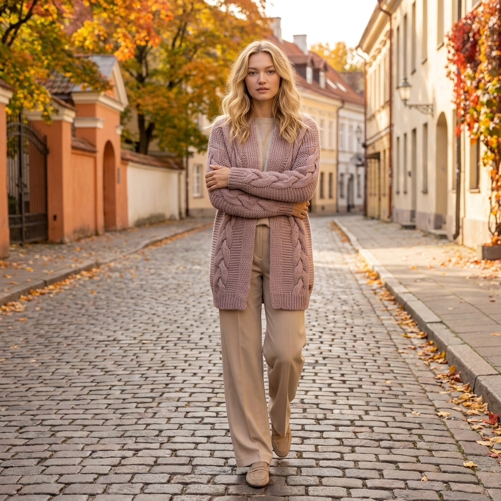 NORA oversized chunky cable knit alpaca cardigan, dusty rose — By AGdesign