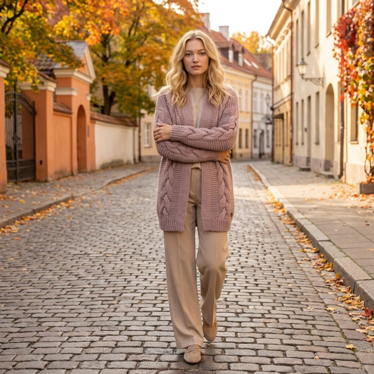 NORA oversized chunky cable knit alpaca cardigan, dusty rose — By AGdesign