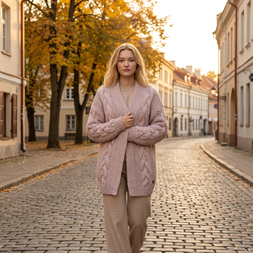 NORA oversized chunky cable knit alpaca cardigan, dusty rose — By AGdesign