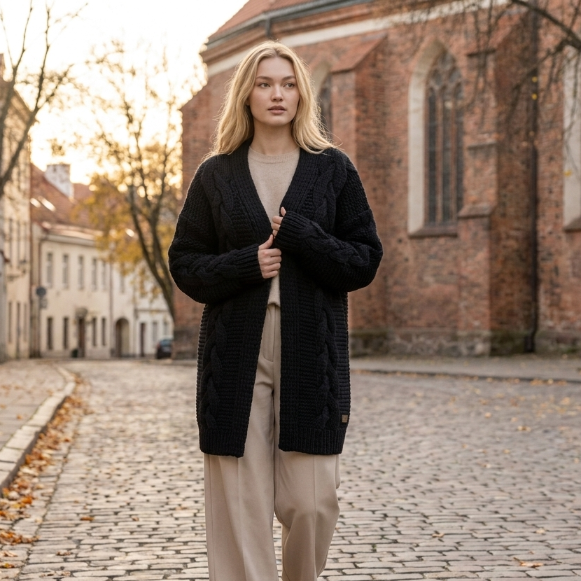 NORA oversized chunky cable knit alpaca cardigan, black — By AGdesign