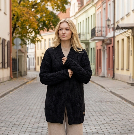 NORA oversized chunky cable knit alpaca cardigan, black — By AGdesign