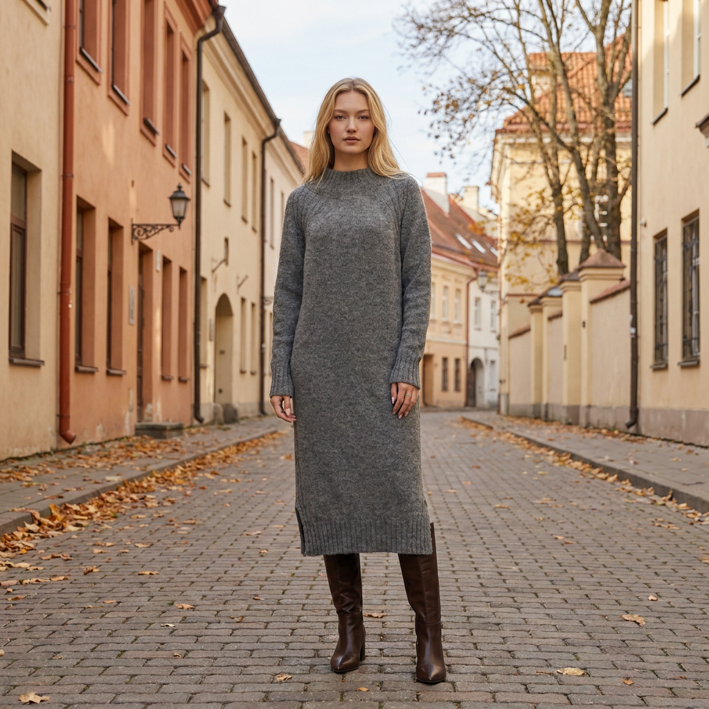 Abito maglione lungo AGNESA in baby alpaca, grigio — By AGdesign