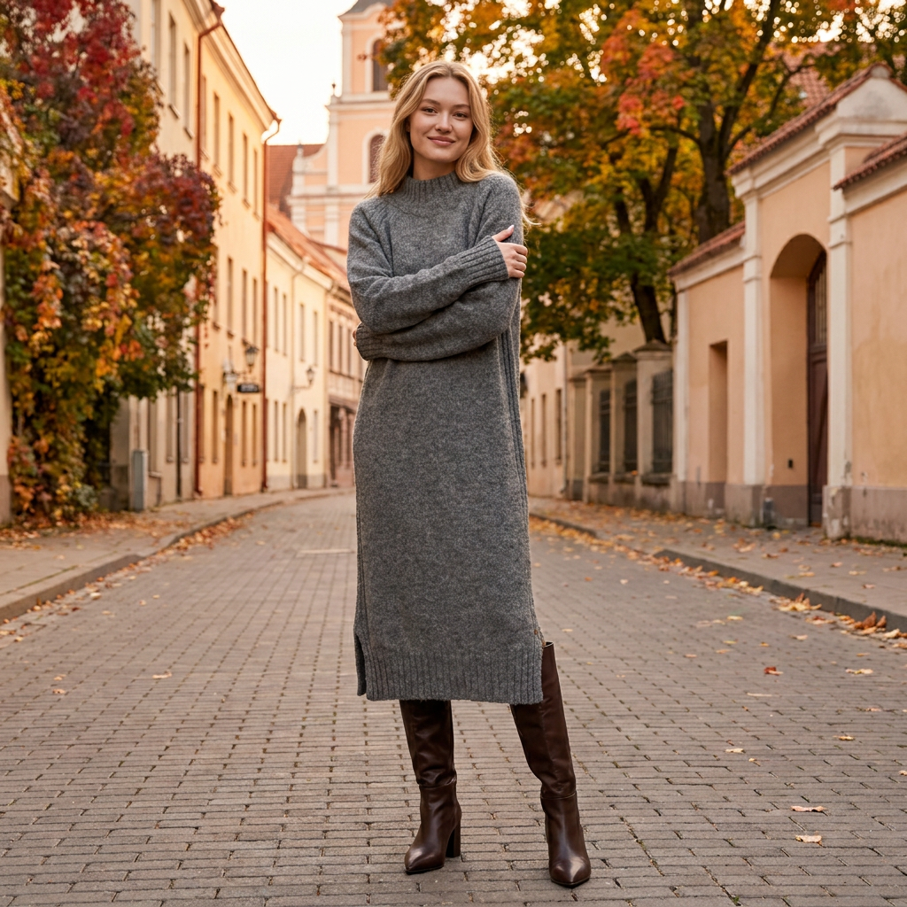Abito maglione lungo AGNESA in baby alpaca, grigio — By AGdesign
