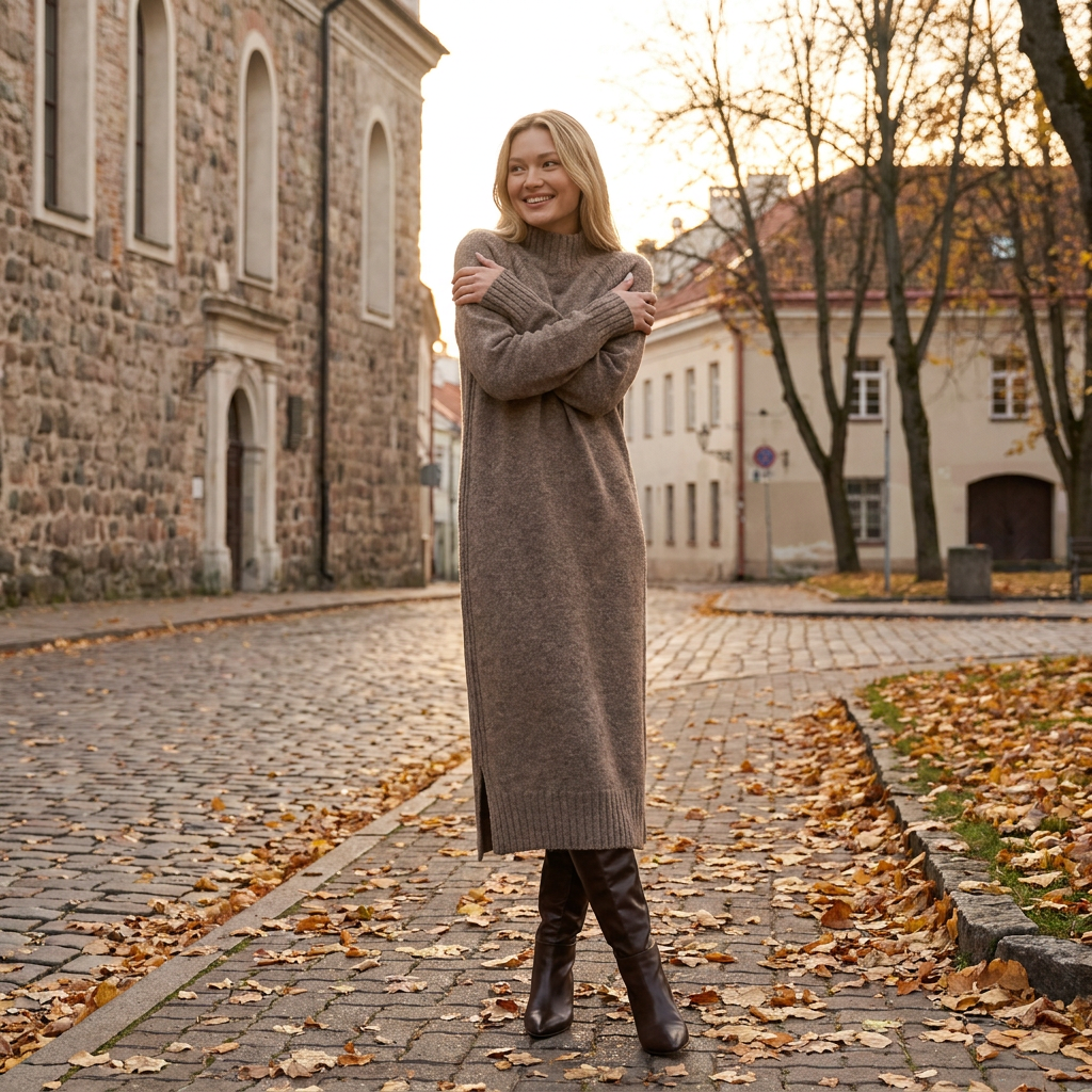 Abito maglione lungo AGNESA in baby alpaca, cacao — By AGdesign