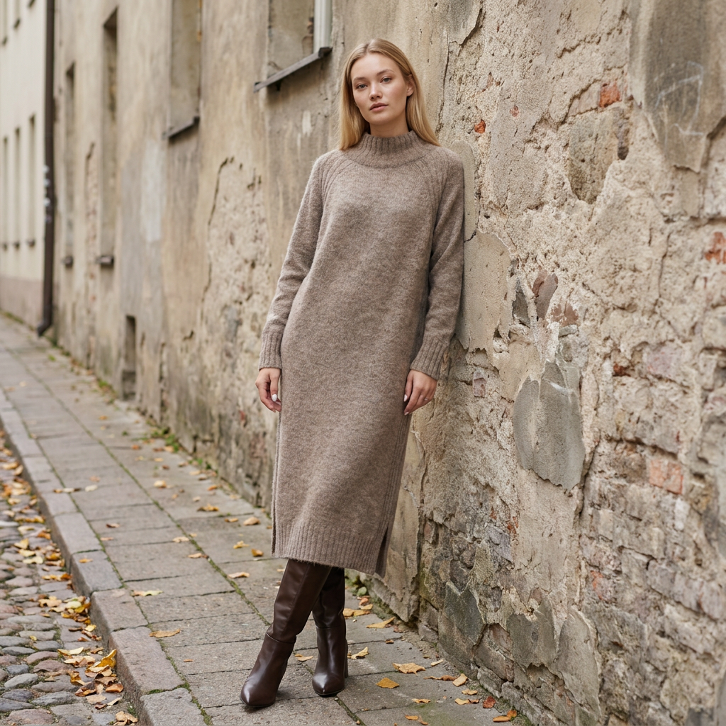Abito maglione lungo AGNESA in baby alpaca, cacao — By AGdesign