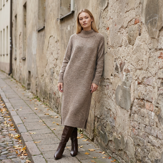 Abito maglione lungo AGNESA in baby alpaca, cacao — By AGdesign