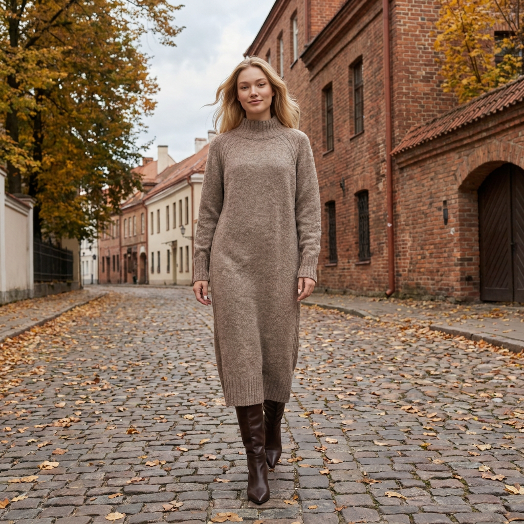 Abito maglione lungo AGNESA in baby alpaca, cacao — By AGdesign