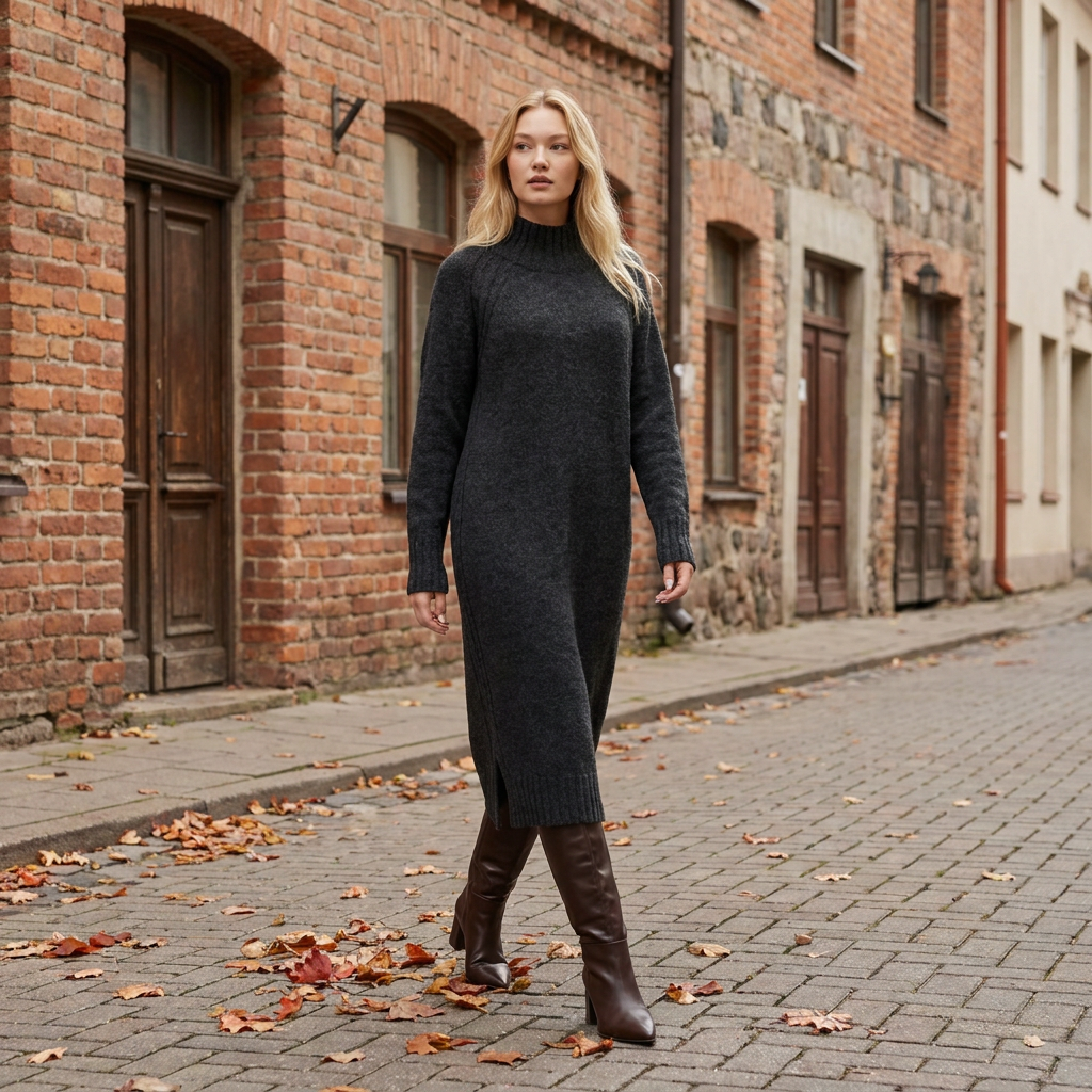 Abito maglione lungo AGNESA in baby alpaca, grigio scuro — By AGdesign