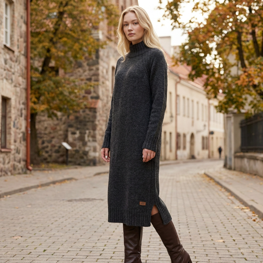 Abito maglione lungo AGNESA in baby alpaca, grigio scuro — By AGdesign
