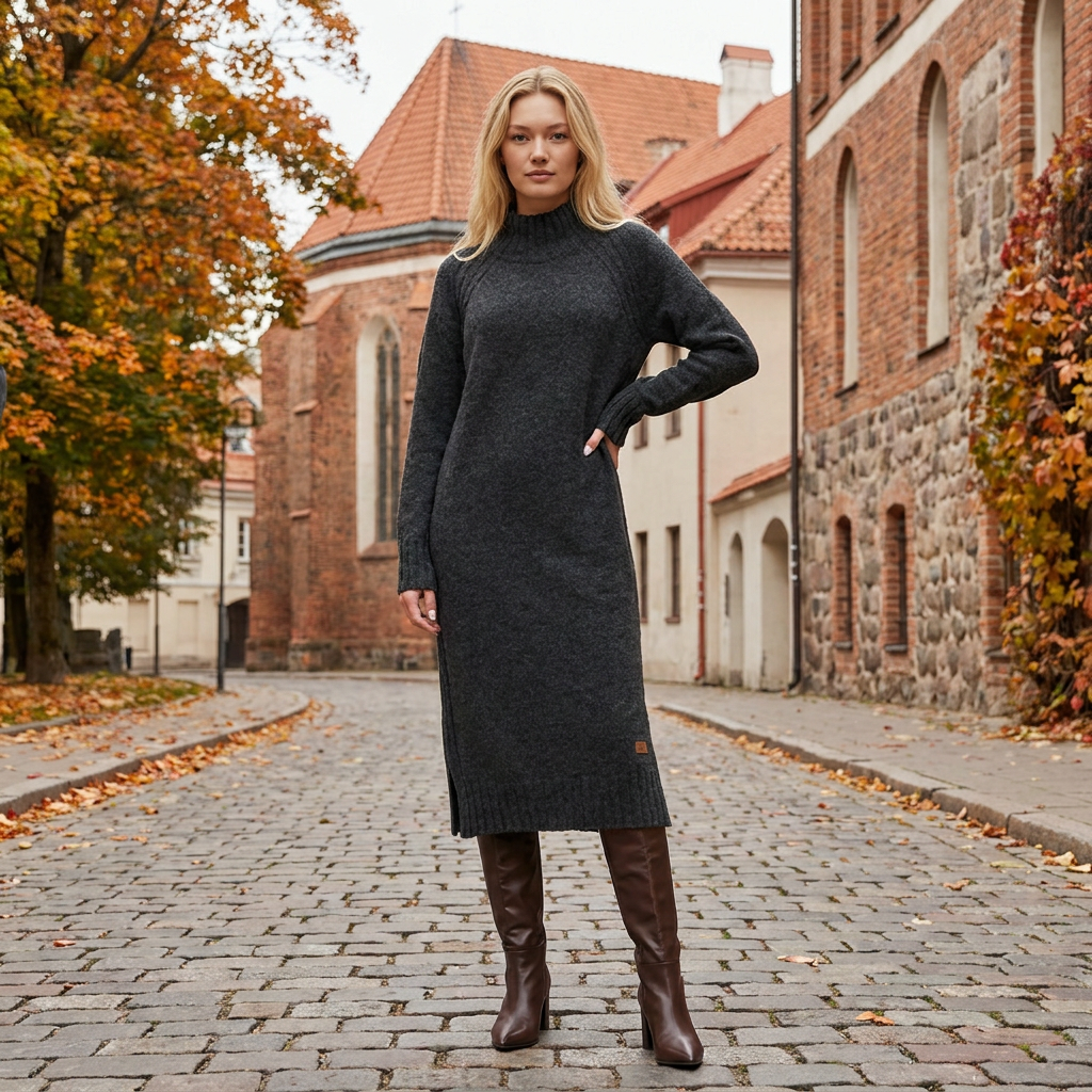 Abito maglione lungo AGNESA in baby alpaca, grigio scuro — By AGdesign