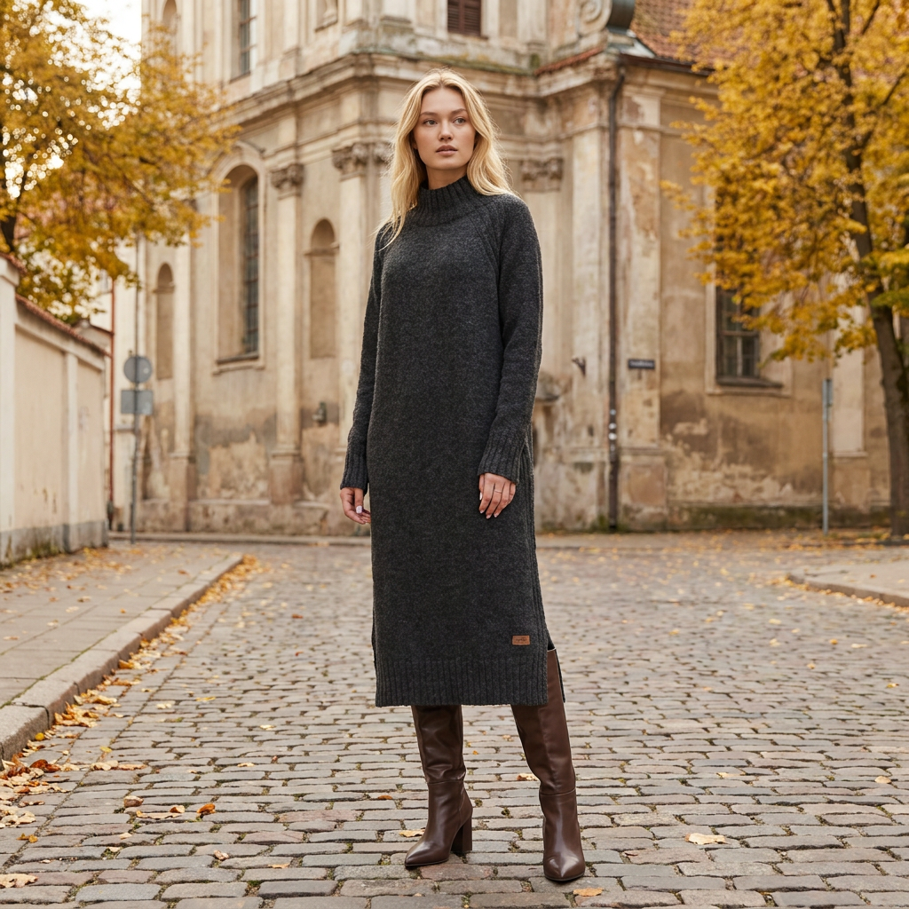 Abito maglione lungo AGNESA in baby alpaca, grigio scuro — By AGdesign