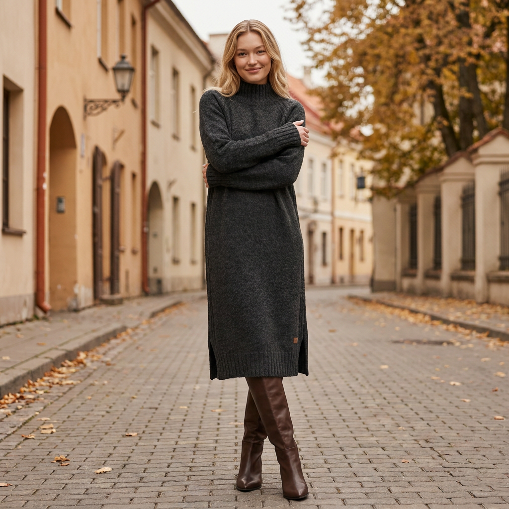 Abito maglione lungo AGNESA in baby alpaca, grigio scuro — By AGdesign