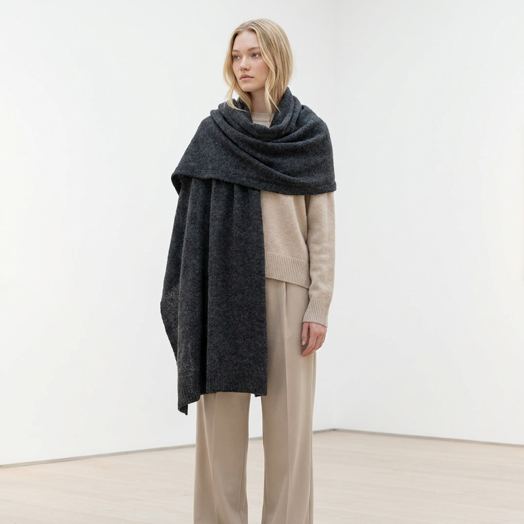 Set sciarpa e berretto in baby alpaca, larga, grigio scuro — By AGdesign