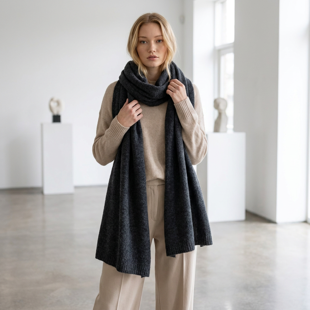 Set sciarpa e berretto in baby alpaca, larga, grigio scuro — By AGdesign