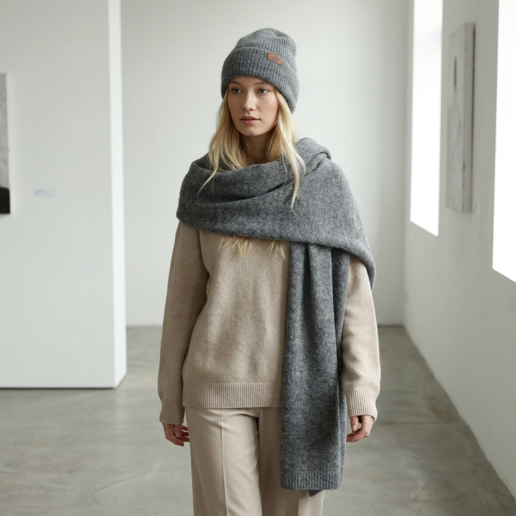 Wide baby alpaca scarf and beanie set, gray — By AGdesign