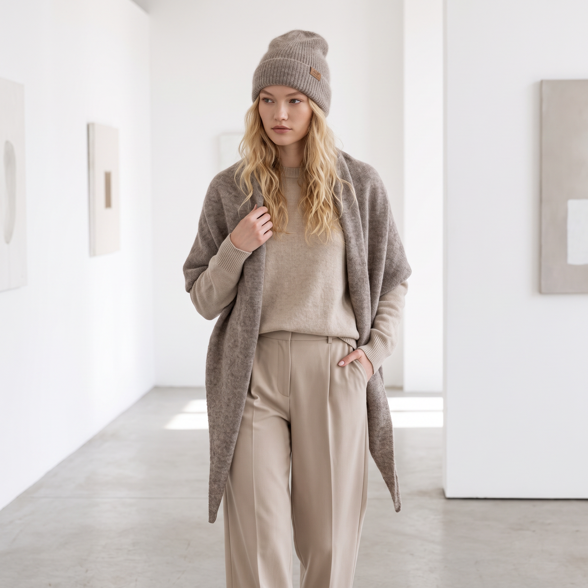 Set sciarpa triangolare e berretto in baby alpaca, ampia, cacao — By AGdesign