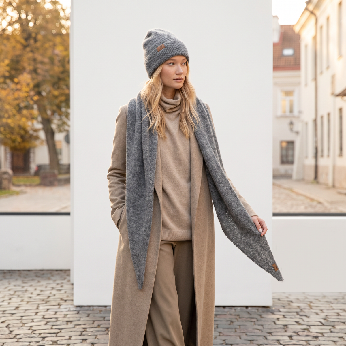 Set sciarpa triangolare e berretto in baby alpaca, ampia, grigio — By AGdesign