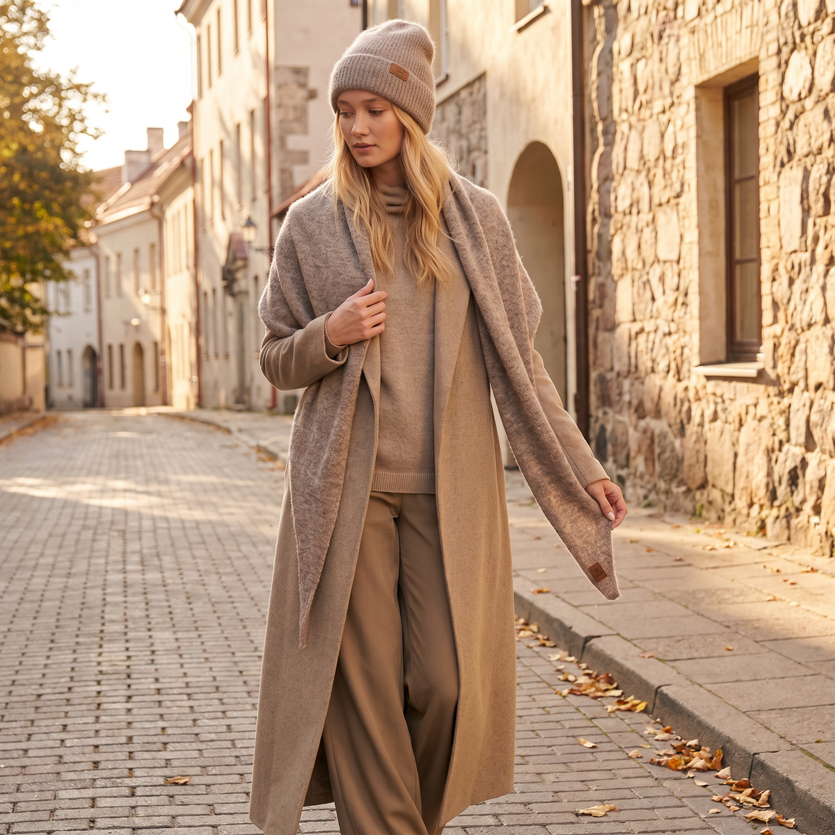 Set sciarpa triangolare e berretto in baby alpaca, ampia, cacao — By AGdesign