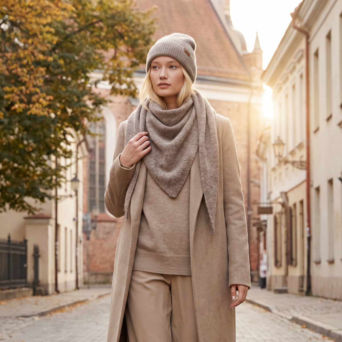 Set sciarpa triangolare e berretto in baby alpaca, ampia, cacao — By AGdesign