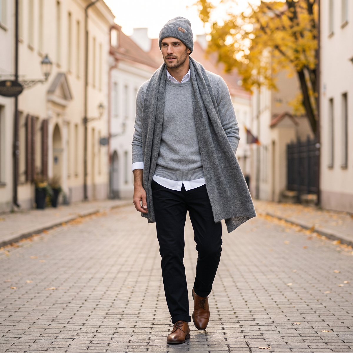 Men's wide baby alpaca scarf and beanie set, gray — By AGdesign