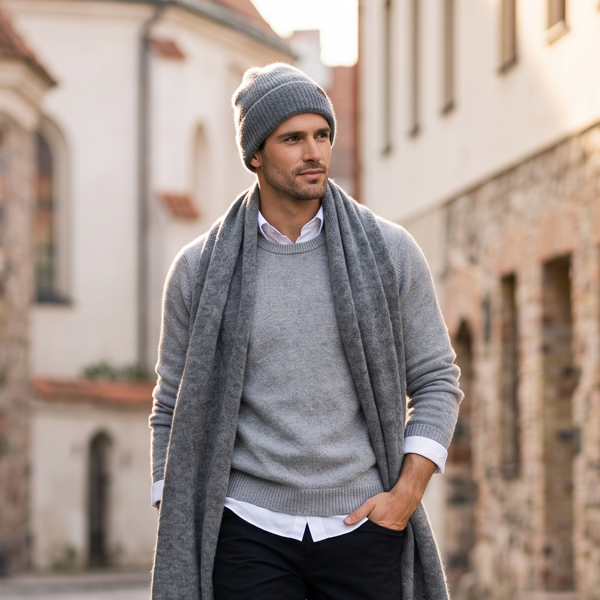 Men's wide baby alpaca scarf and beanie set, gray — By AGdesign