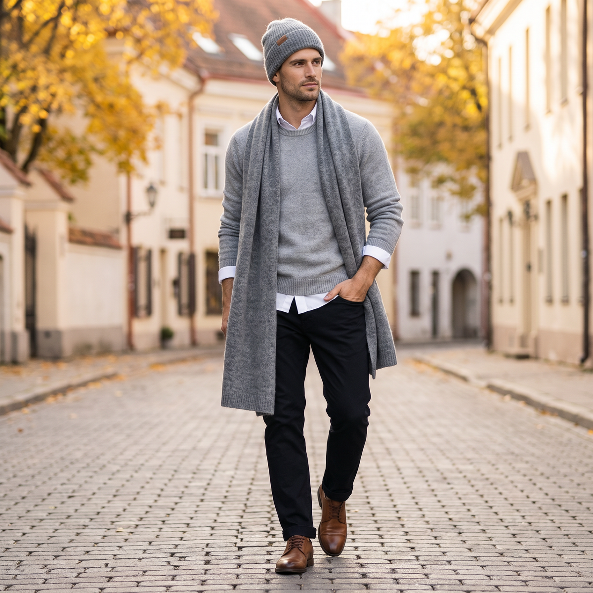 Men's wide baby alpaca scarf and beanie set, gray — By AGdesign