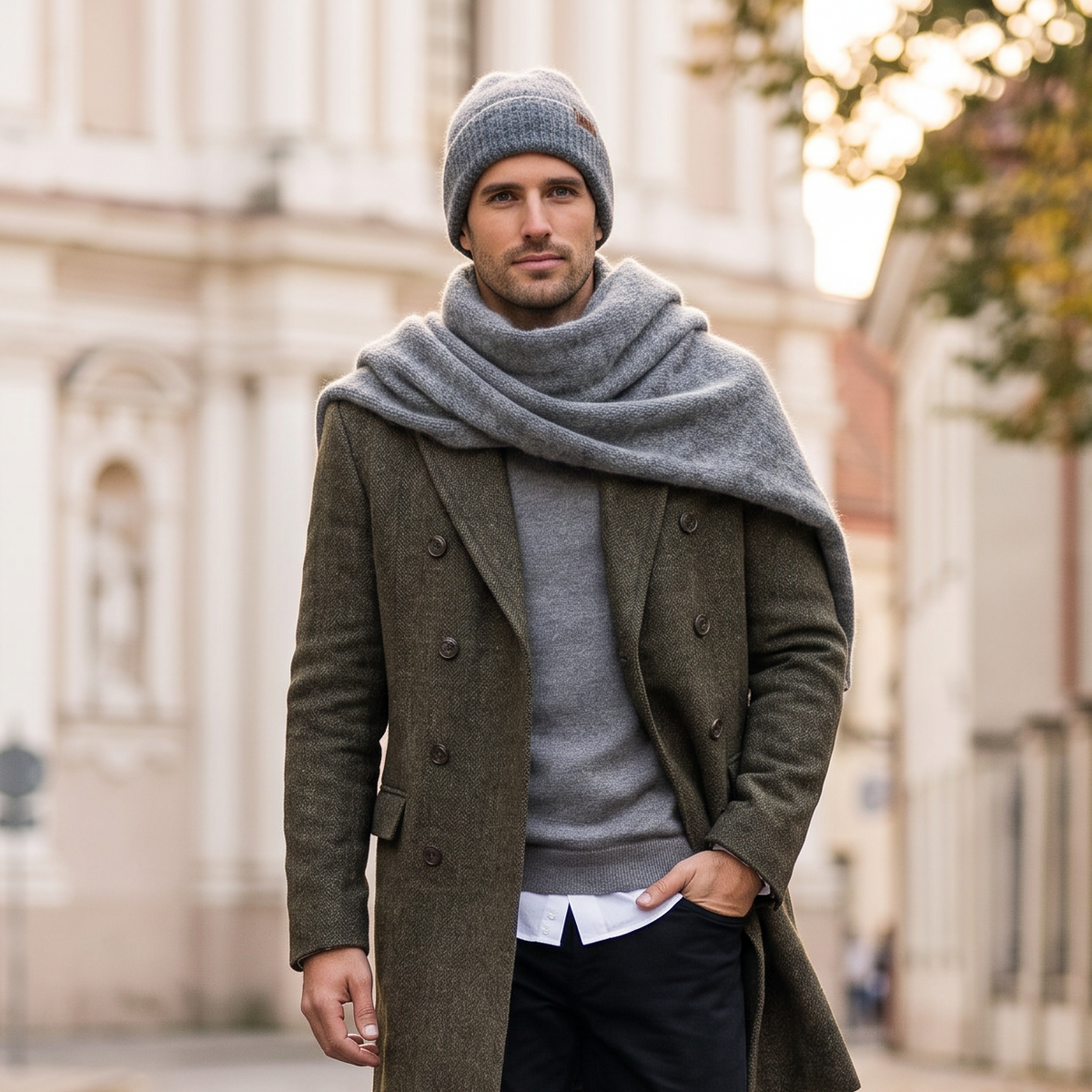 Men's wide baby alpaca scarf and beanie set, gray — By AGdesign
