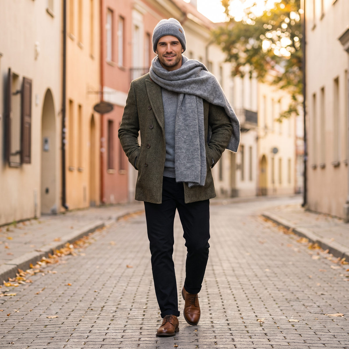 Men's wide baby alpaca scarf and beanie set, gray — By AGdesign