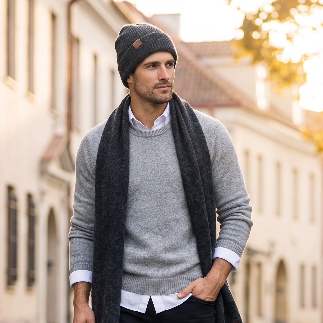 Men's wide baby alpaca scarf and beanie set, dark gray — By AGdesign