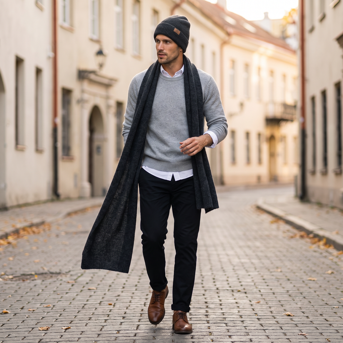 Men's wide baby alpaca scarf and beanie set, dark gray — By AGdesign