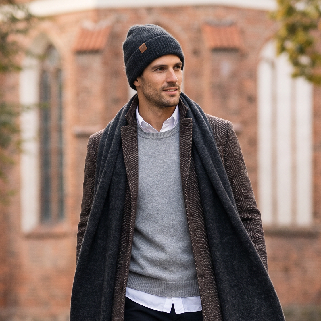 Men's wide baby alpaca scarf and beanie set, dark gray — By AGdesign