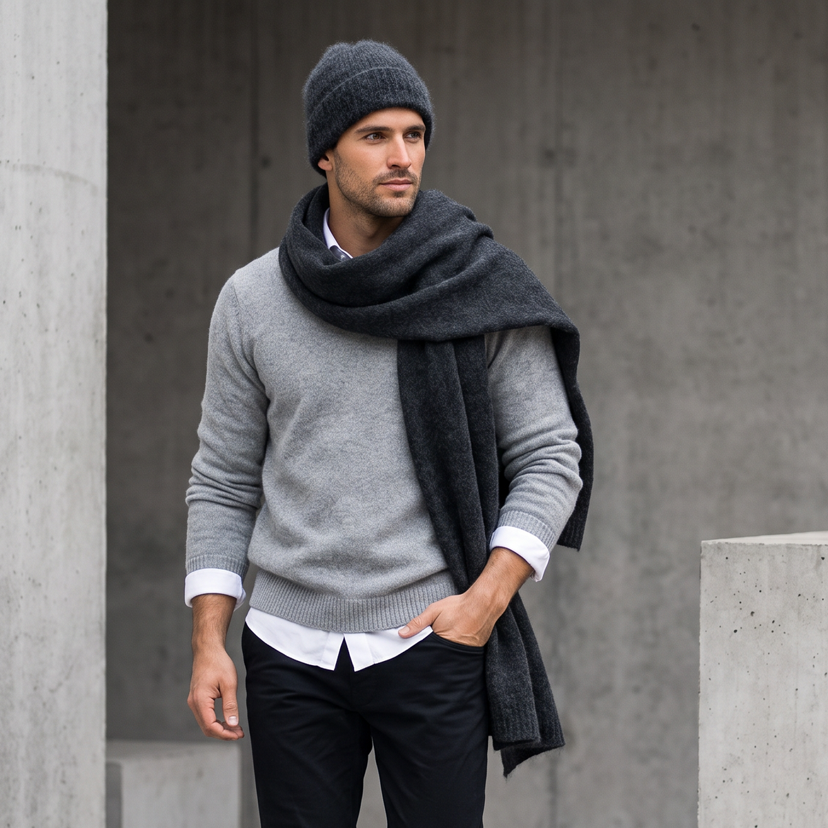 Men's wide baby alpaca scarf and beanie set, dark gray — By AGdesign