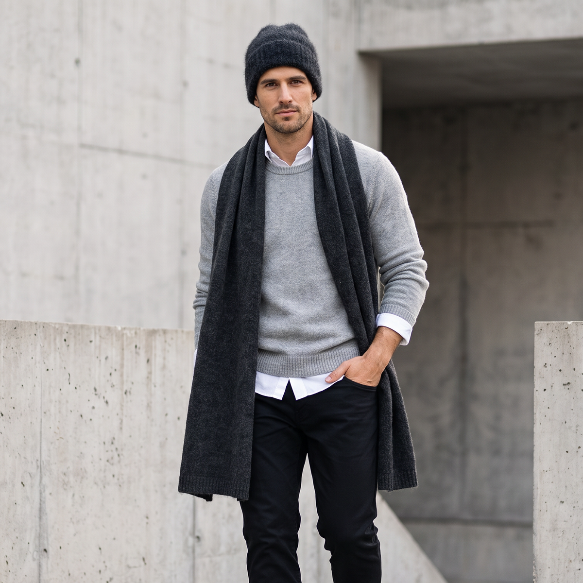 Men's wide baby alpaca scarf and beanie set, dark gray — By AGdesign