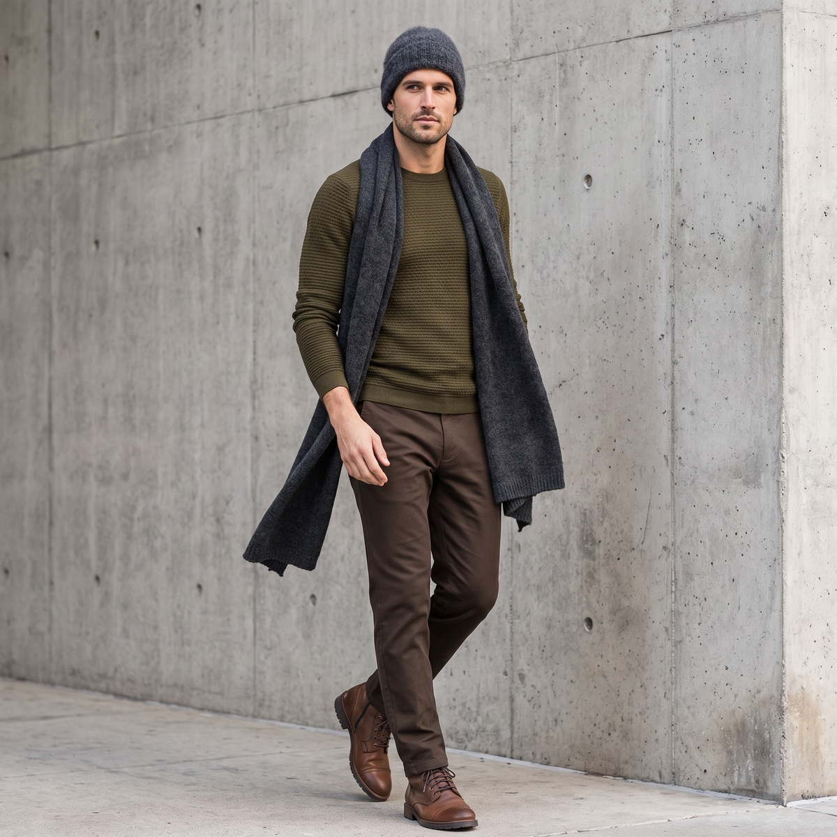Men's wide baby alpaca scarf and beanie set, dark gray — By AGdesign