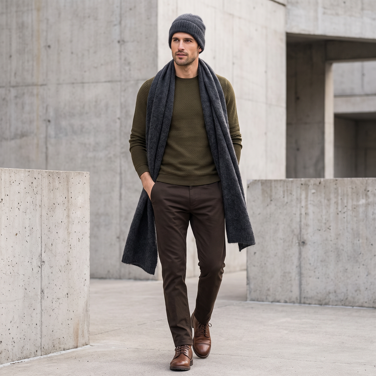 Men's wide baby alpaca scarf and beanie set, dark gray — By AGdesign