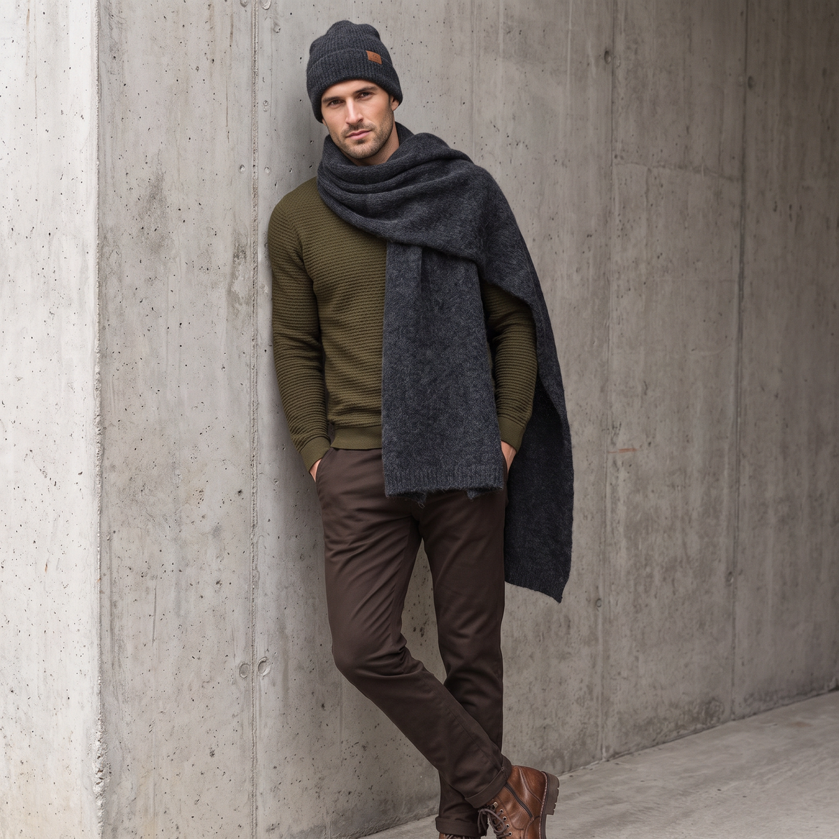 Men's wide baby alpaca scarf and beanie set, dark gray — By AGdesign