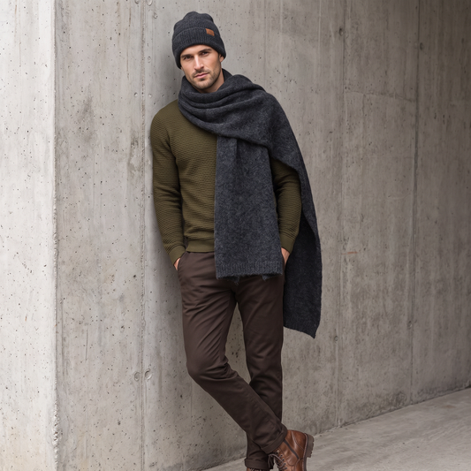 Men's wide baby alpaca scarf and beanie set, dark gray — By AGdesign