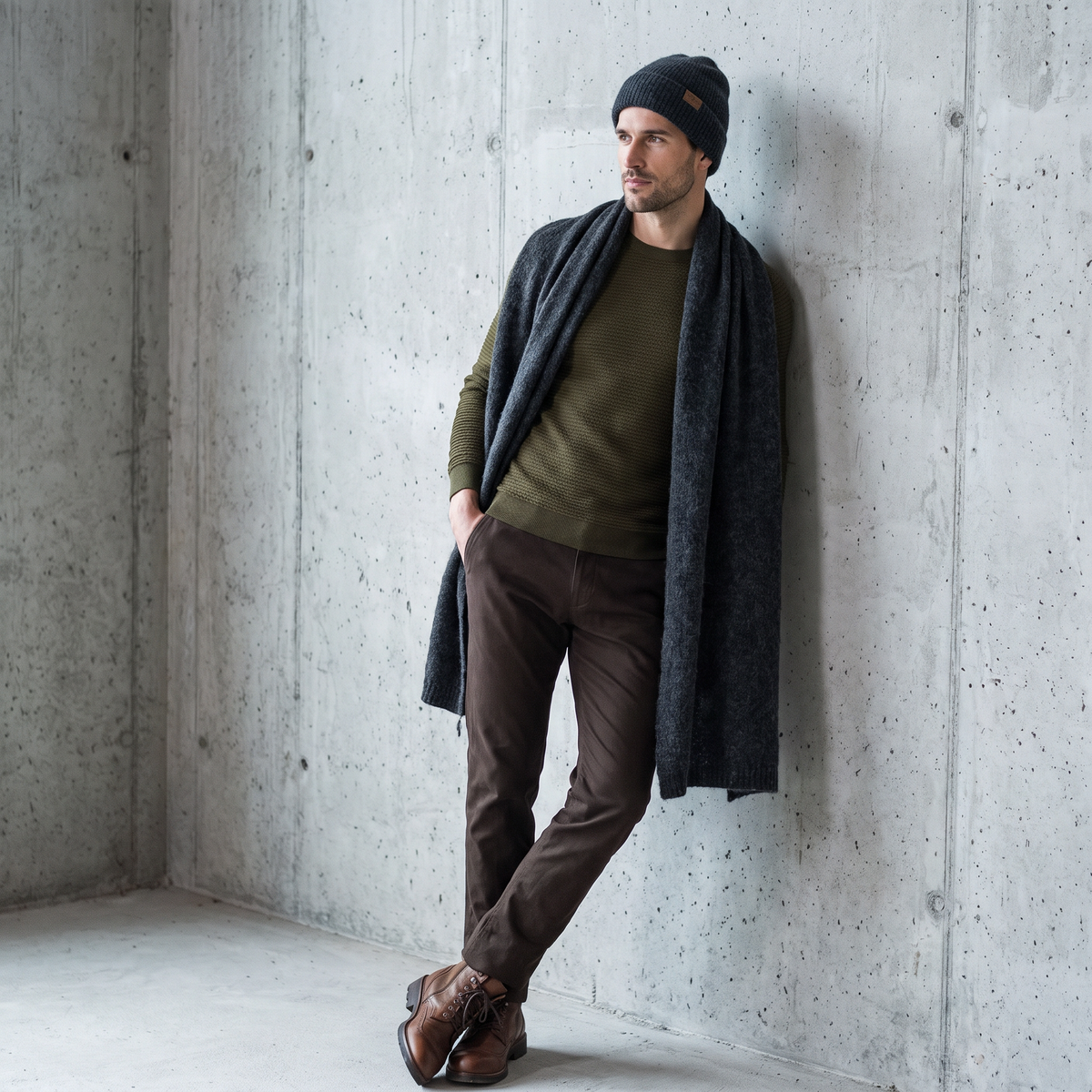 Men's wide baby alpaca scarf and beanie set, dark gray — By AGdesign