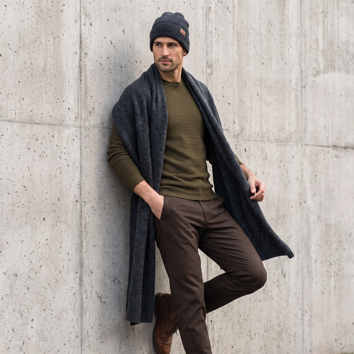 Men's wide baby alpaca scarf and beanie set, dark gray — By AGdesign
