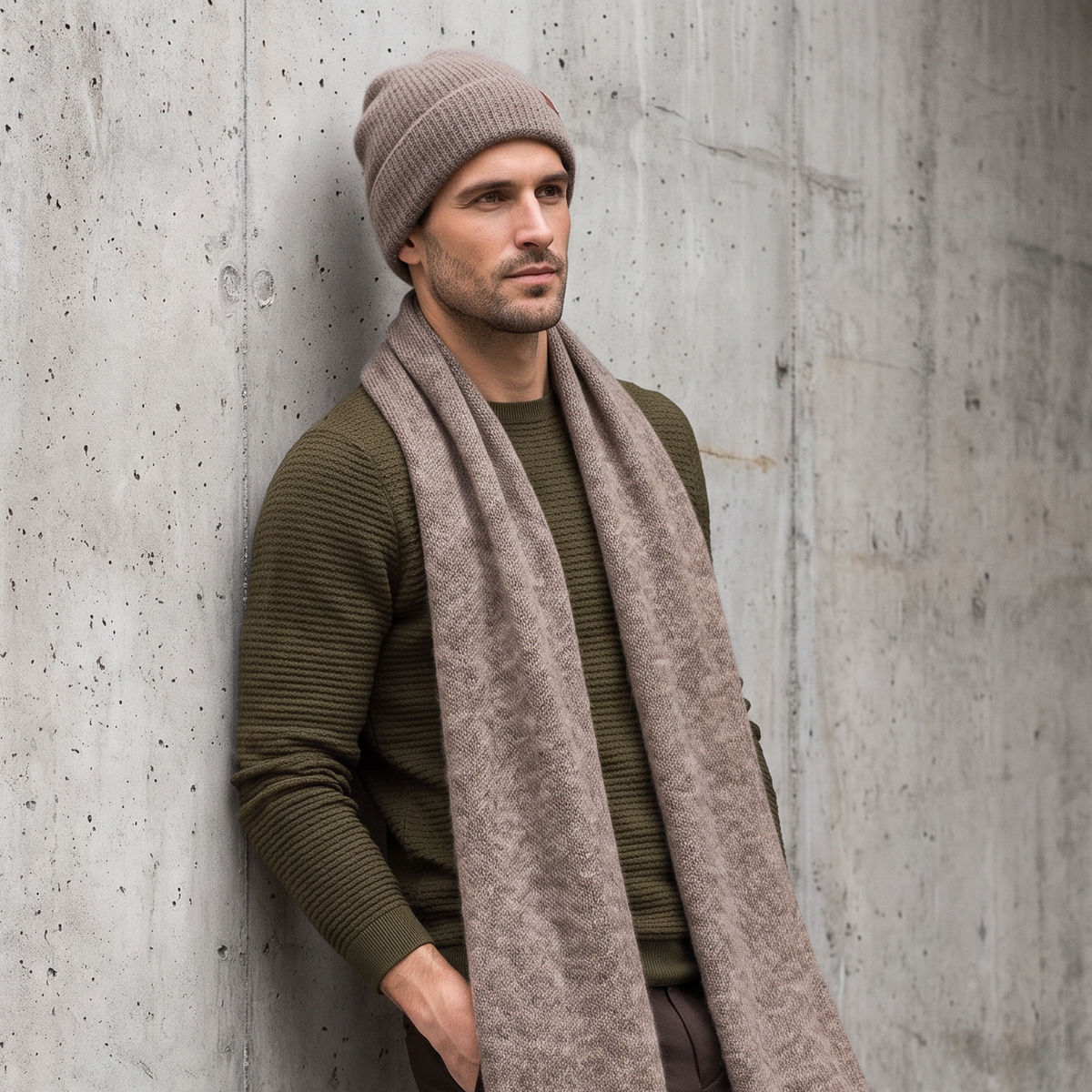 Men's wide baby alpaca scarf and beanie set, cocoa — By AGdesign