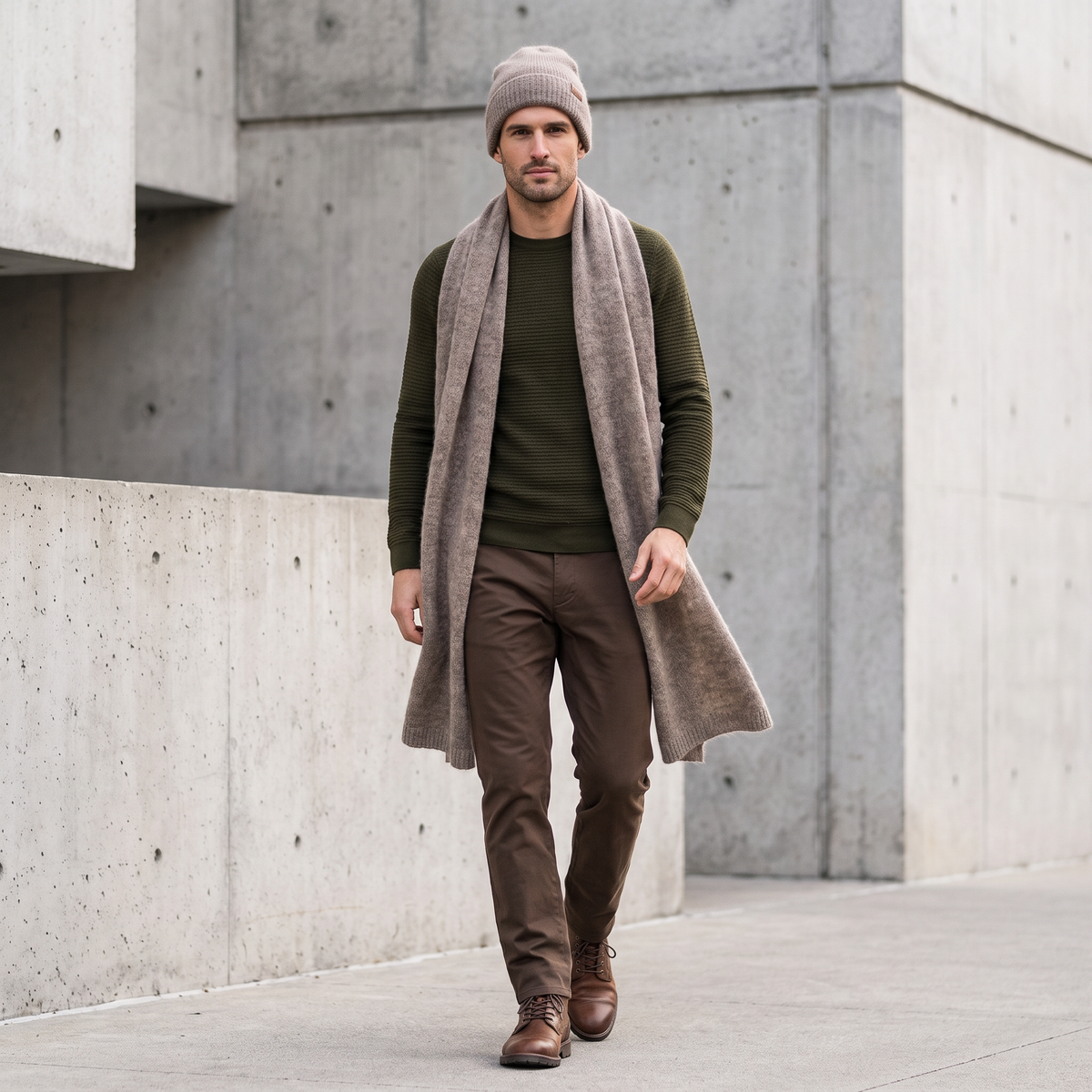 Men's wide baby alpaca scarf and beanie set, cocoa — By AGdesign