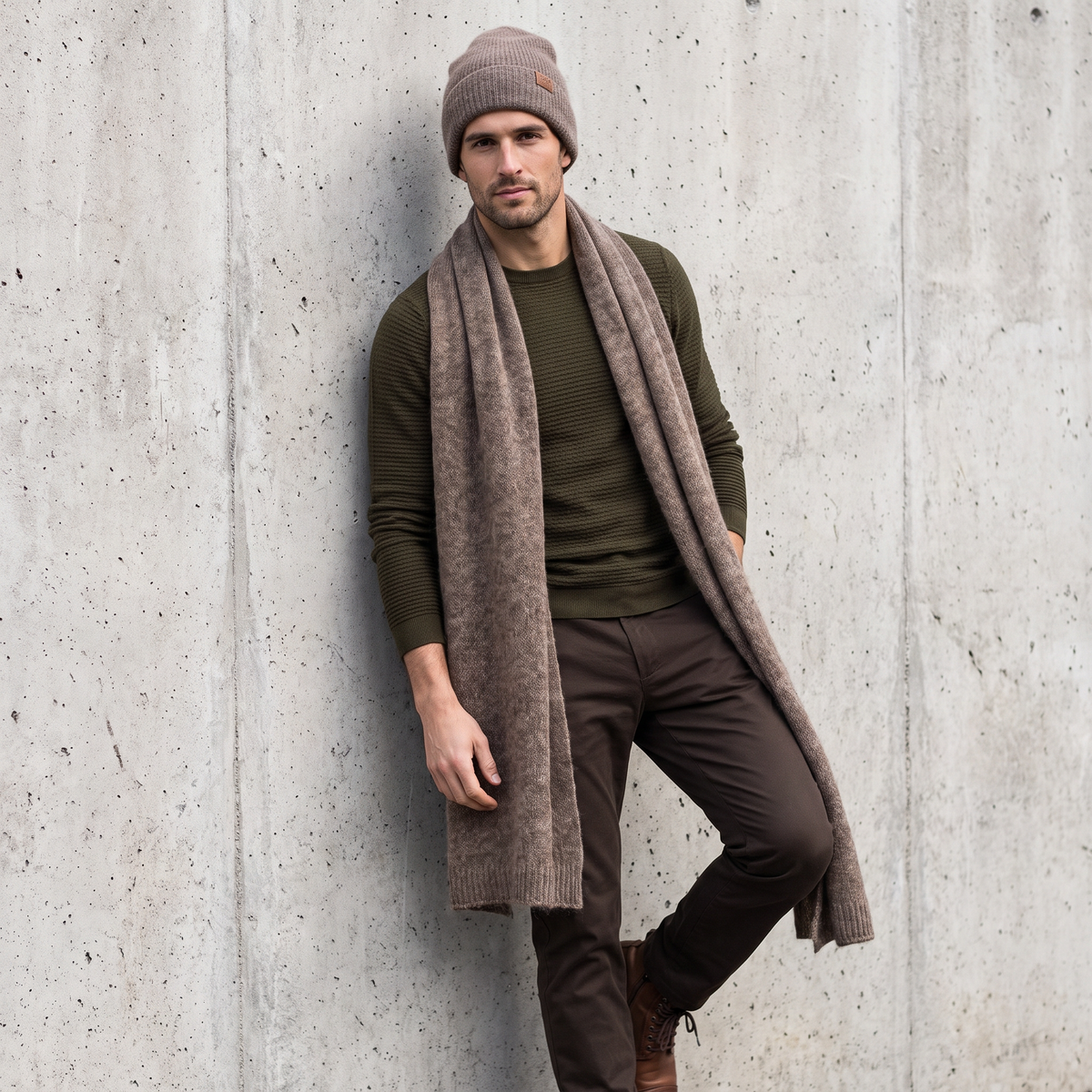 Men's wide baby alpaca scarf and beanie set, cocoa — By AGdesign