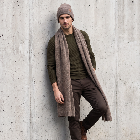 Men's wide baby alpaca scarf and beanie set, cocoa — By AGdesign