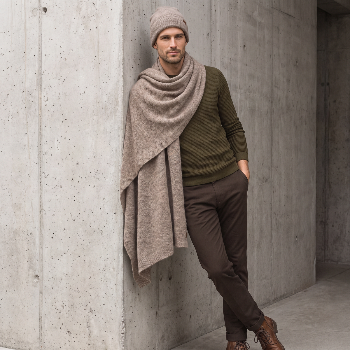 Men's wide baby alpaca scarf and beanie set, cocoa — By AGdesign