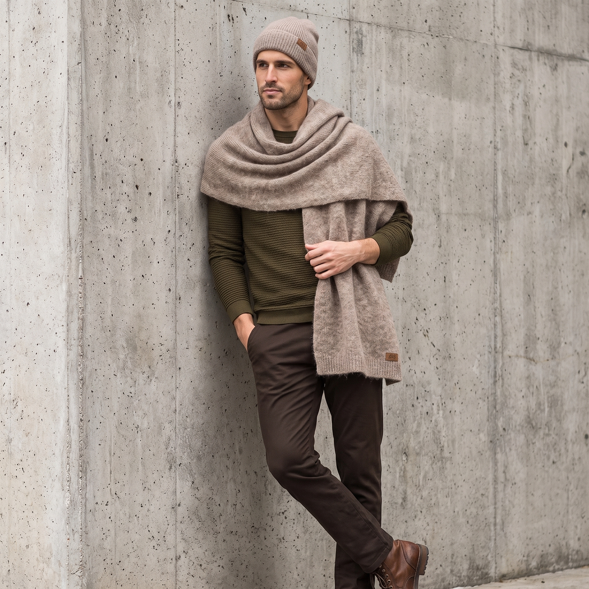 Men's wide baby alpaca scarf and beanie set, cocoa — By AGdesign