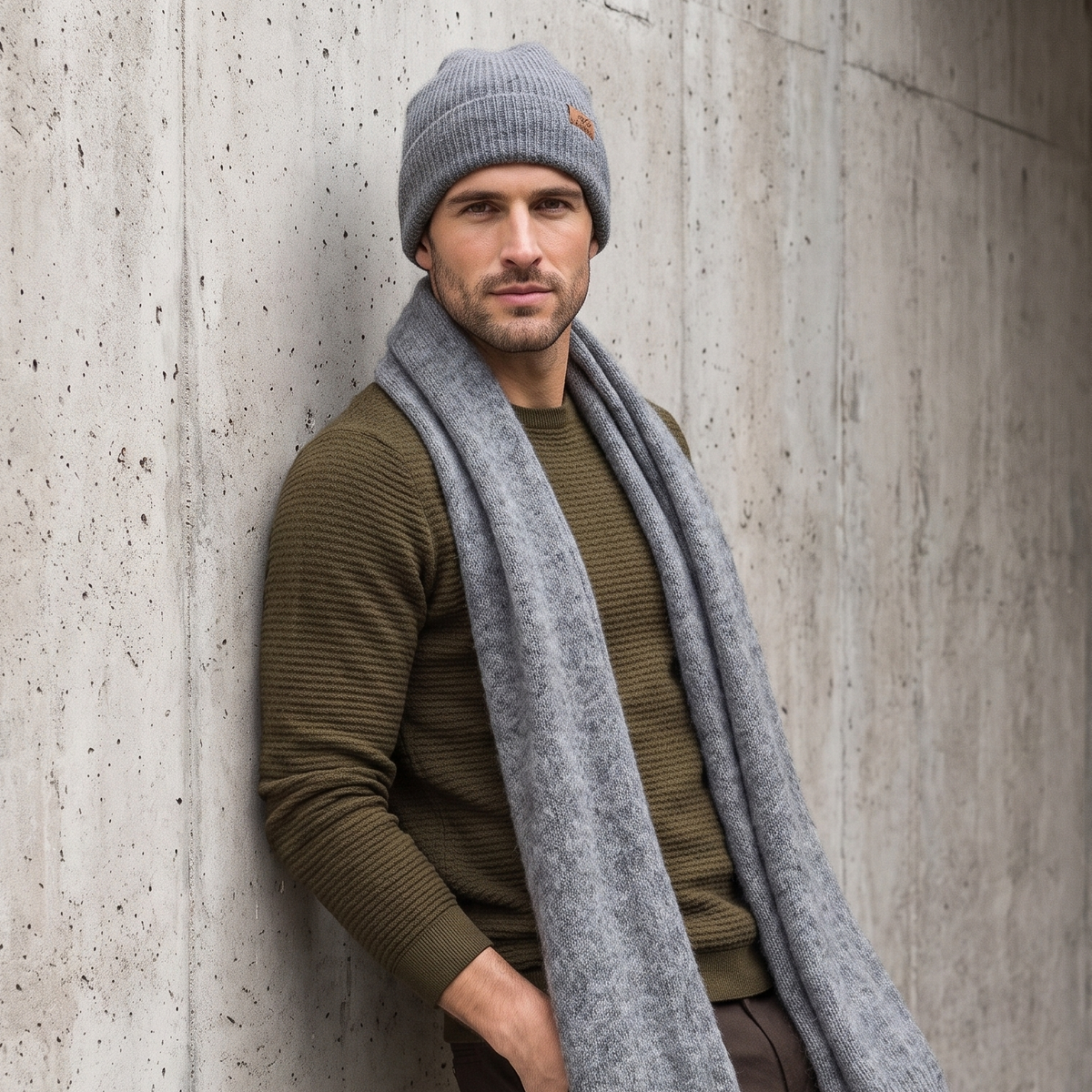 Men's wide baby alpaca scarf and beanie set, gray — By AGdesign