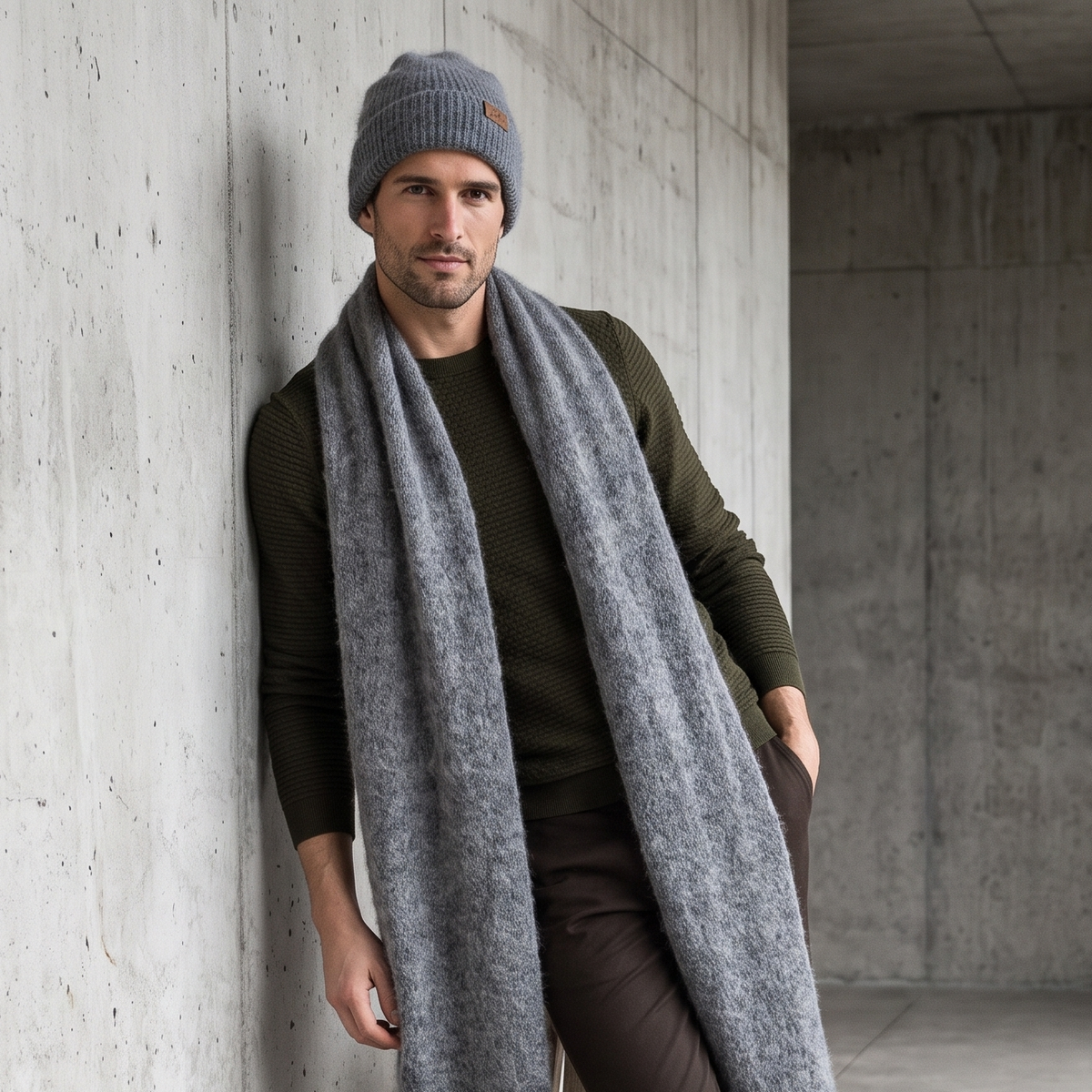 Men's wide baby alpaca scarf and beanie set, gray — By AGdesign