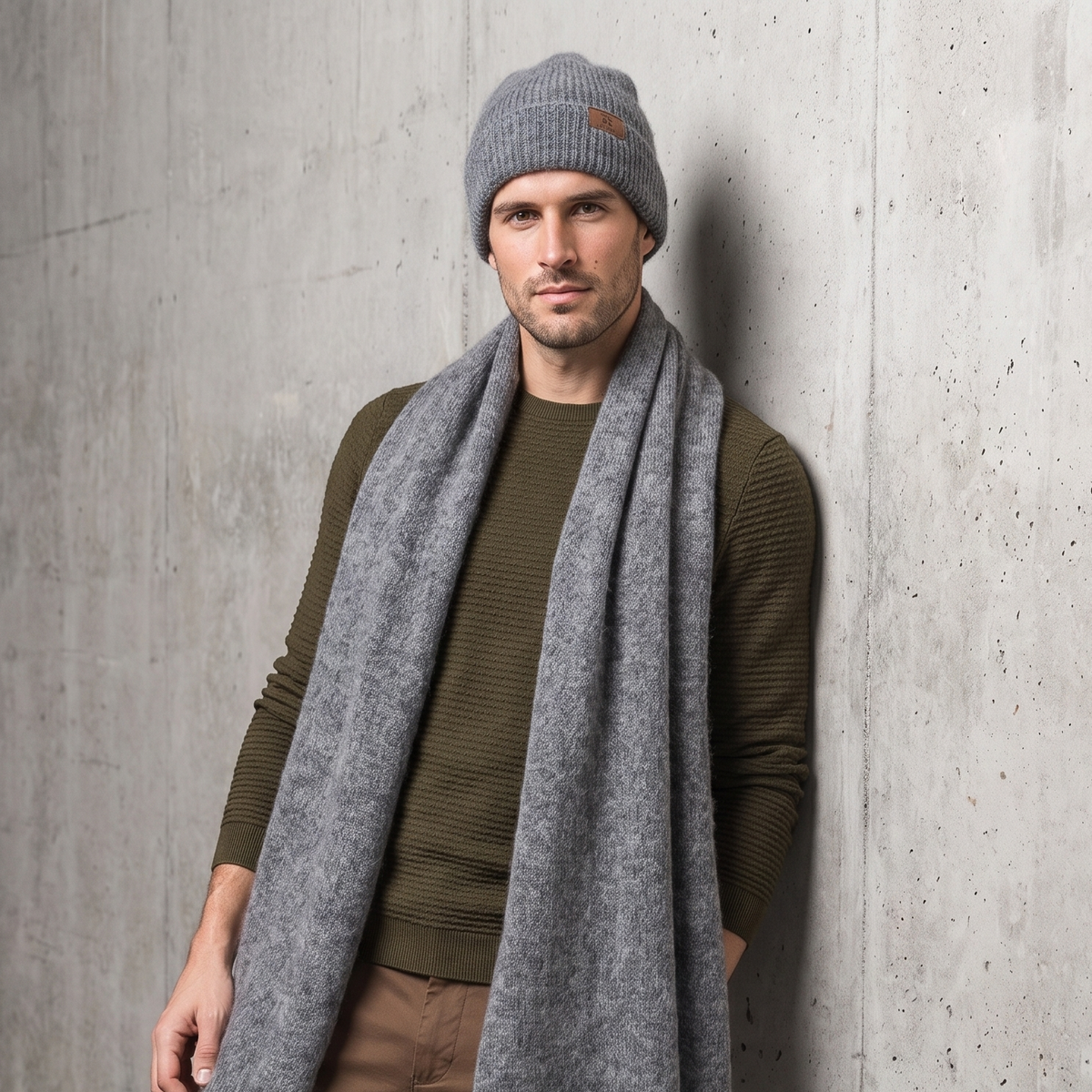 Men's wide baby alpaca scarf and beanie set, gray — By AGdesign